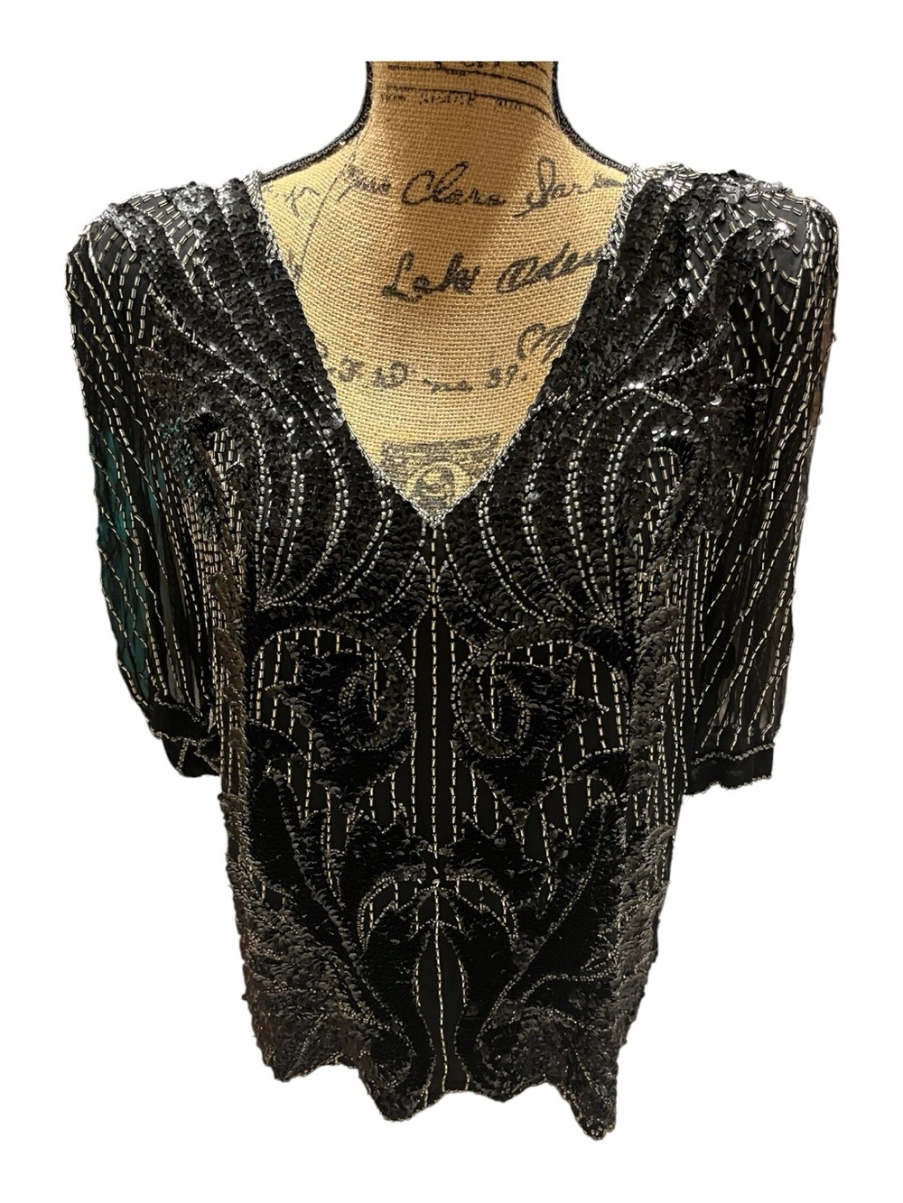 Vintage Swee Lo Brand Black Beaded V-Neck Women’s Top